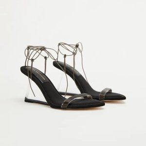 Good American Cinderella Lucite Triangle Wedge Heel Strappy Sandal Lace Up 8.5